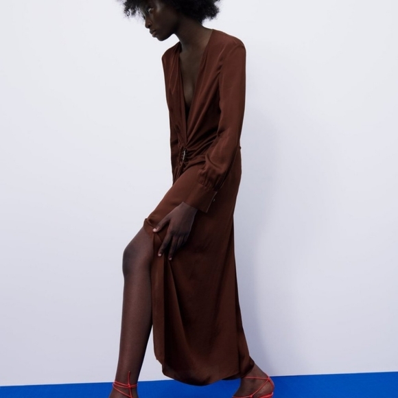 Zara NWT LIMITED EDITION midi shirt dress in satin chocolate - Picture 4 of 11